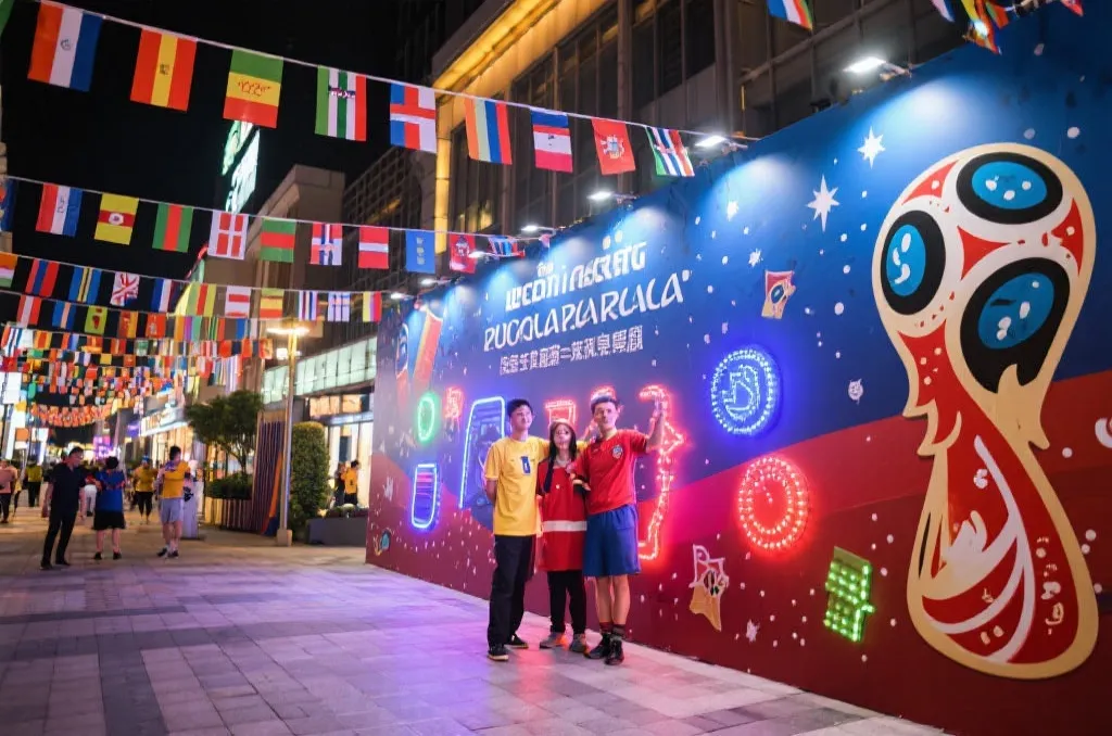 世界杯主题街区装饰,球迷合影打卡,彩旗灯光与互动墙营造浓厚节庆气氛